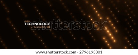 Abstract dark digital technology background with diagonal gold glowing data particles flow. Big data analytics concept tech wide banner. Vector illustration