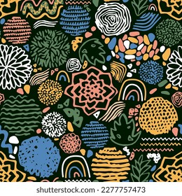 Abstract Dark Doodle Seamless Pattern. Vector Illustration of Trendy Scandinavian Design. Colorful Background.