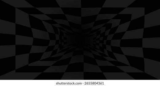 Túnel sem fim escuro abstrato com padrão xadrez e perspectiva geométrica