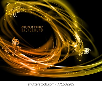 Abstract dark festive background. Expressive vector frame with contrast yellow fibers 
