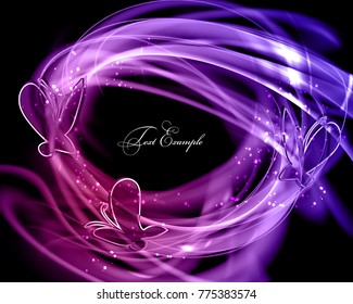 Abstract dark festive background. Expressive vector frame with contrast glowing fibers and butterfly