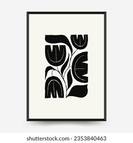 Resumen de la plantilla de afiches florales oscuros. Moderna moda Matisse minimalista. Colores en blanco y negro. Diseño dibujado a mano para papel pintado, decoración de pared, impresión, postal, cubierta, plantilla, banner. 