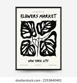 Abstract dark floral posters template. Modern trendy Matisse minimal style. Black and white colors. Hand drawn design for wallpaper, wall decor, print, postcard, cover, template, banner. 