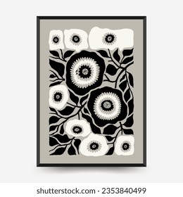 Abstract dark floral posters template. Modern trendy Matisse minimal style. Black and white colors. Hand drawn design for wallpaper, wall decor, print, postcard, cover, template, banner. 