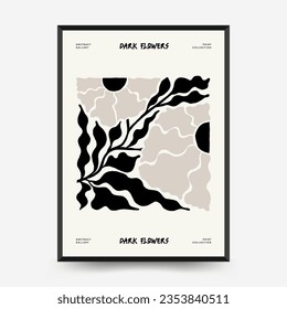 Abstract dark floral posters template. Modern trendy Matisse minimal style. Black and white colors. Hand drawn design for wallpaper, wall decor, print, postcard, cover, template, banner. 