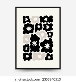 Abstract dark floral posters template. Modern trendy Matisse minimal style. Black and white colors. Hand drawn design for wallpaper, wall decor, print, postcard, cover, template, banner. 