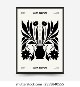 Abstract dark floral posters template. Modern trendy Matisse minimal style. Black and white colors. Hand drawn design for wallpaper, wall decor, print, postcard, cover, template, banner. 