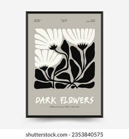 Abstract dark floral posters template. Modern trendy Matisse minimal style. Black and white colors. Hand drawn design for wallpaper, wall decor, print, postcard, cover, template, banner. 