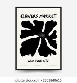 Abstract dark floral posters template. Modern trendy Matisse minimal style. Black and white colors. Hand drawn design for wallpaper, wall decor, print, postcard, cover, template, banner. 