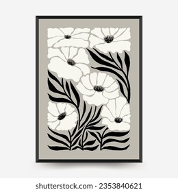 Abstract dark floral posters template. Modern trendy Matisse minimal style. Black and white colors. Hand drawn design for wallpaper, wall decor, print, postcard, cover, template, banner. 