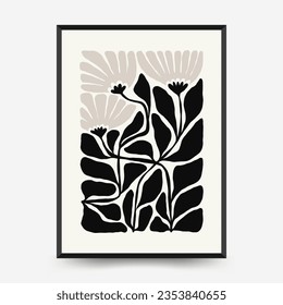 Abstract dark floral posters template. Modern trendy Matisse minimal style. Black and white colors. Hand drawn design for wallpaper, wall decor, print, postcard, cover, template, banner. 