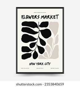 Resumen de la plantilla de afiches florales oscuros. Moderna moda Matisse minimalista. Colores en blanco y negro. Diseño dibujado a mano para papel pintado, decoración de pared, impresión, postal, cubierta, plantilla, banner. 