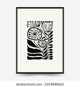 Abstract dark floral posters template. Modern trendy Matisse minimal style. Black and white colors. Hand drawn design for wallpaper, wall decor, print, postcard, cover, template, banner. 