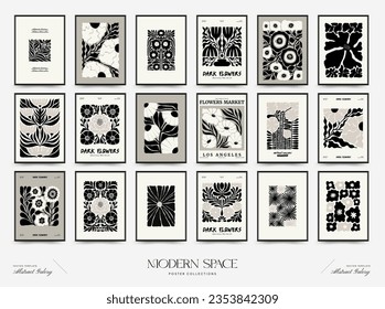 Abstract dark floral posters template. Modern trendy Matisse minimal style. Black and white colors. Hand drawn design for wallpaper, wall decor, print, postcard, cover, template, banner. 