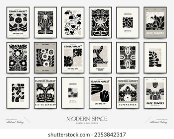 Abstract dark floral posters template. Modern trendy Matisse minimal style. Black and white colors. Hand drawn design for wallpaper, wall decor, print, postcard, cover, template, banner. 