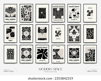 Resumen de la plantilla de afiches florales oscuros. Moderna moda Matisse minimalista. Colores en blanco y negro. Diseño dibujado a mano para papel pintado, decoración de pared, impresión, postal, cubierta, plantilla, banner. 