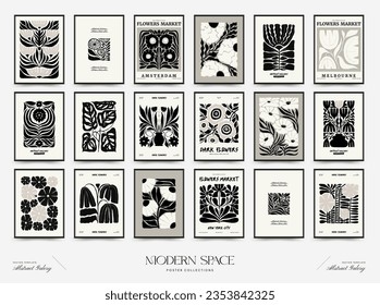 Resumen de la plantilla de afiches florales oscuros. Moderna moda Matisse minimalista. Colores en blanco y negro. Diseño dibujado a mano para papel pintado, decoración de pared, impresión, postal, cubierta, plantilla, banner. 