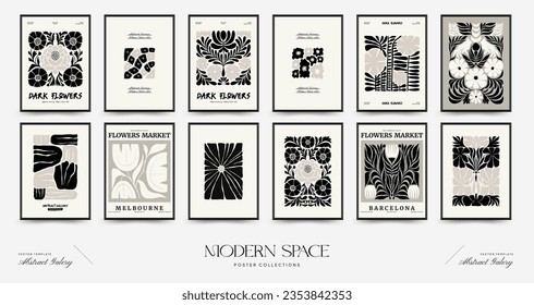 Abstract dark floral posters template. Modern trendy Matisse minimal style. Black and white colors. Hand drawn design for wallpaper, wall decor, print, postcard, cover, template, banner. 