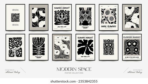 Abstract dark floral posters template. Modern trendy Matisse minimal style. Black and white colors. Hand drawn design for wallpaper, wall decor, print, postcard, cover, template, banner. 