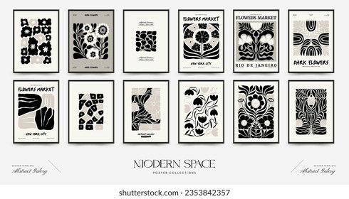 Abstract dark floral posters template. Modern trendy Matisse minimal style. Black and white colors. Hand drawn design for wallpaper, wall decor, print, postcard, cover, template, banner. 