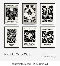 Abstract dark floral posters template. Modern trendy Matisse minimal style. Black and white colors. Hand drawn design for wallpaper, wall decor, print, postcard, cover, template, banner. 