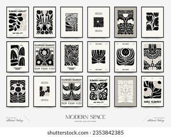 Abstract dark floral posters template. Modern trendy Matisse minimal style. Black and white colors. Hand drawn design for wallpaper, wall decor, print, postcard, cover, template, banner. 