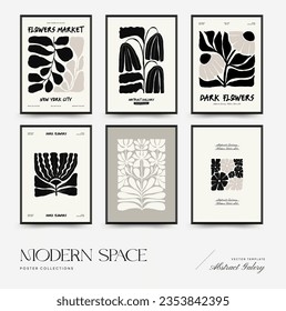 Abstract dark floral posters template. Modern trendy Matisse minimal style. Black and white colors. Hand drawn design for wallpaper, wall decor, print, postcard, cover, template, banner. 