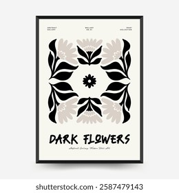 Abstract dark floral posters template. Modern trendy Matisse minimal style. Black and white colors. Hand drawn design for wallpaper, wall decor, print, postcard, cover, template, banner. 