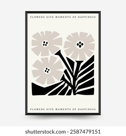 Abstract dark floral posters template. Modern trendy Matisse minimal style. Black and white colors. Hand drawn design for wallpaper, wall decor, print, postcard, cover, template, banner. 