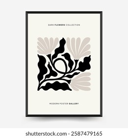 Abstract dark floral posters template. Modern trendy Matisse minimal style. Black and white colors. Hand drawn design for wallpaper, wall decor, print, postcard, cover, template, banner. 