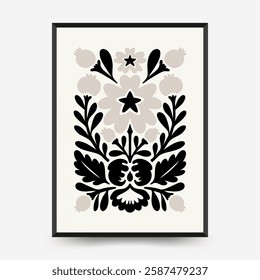 Abstract dark floral posters template. Modern trendy Matisse minimal style. Black and white colors. Hand drawn design for wallpaper, wall decor, print, postcard, cover, template, banner. 