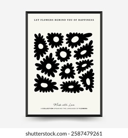Abstract dark floral posters template. Modern trendy Matisse minimal style. Black and white colors. Hand drawn design for wallpaper, wall decor, print, postcard, cover, template, banner. 