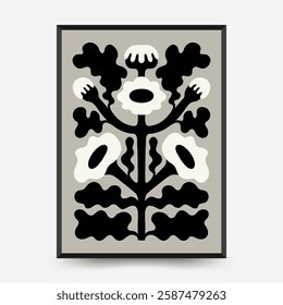 Abstract dark floral posters template. Modern trendy Matisse minimal style. Black and white colors. Hand drawn design for wallpaper, wall decor, print, postcard, cover, template, banner. 
