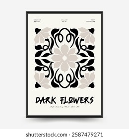 Abstract dark floral posters template. Modern trendy Matisse minimal style. Black and white colors. Hand drawn design for wallpaper, wall decor, print, postcard, cover, template, banner. 