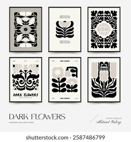 Abstract dark floral posters template. Modern trendy Matisse minimal style. Black and white colors. Hand drawn design for wallpaper, wall decor, print, postcard, cover, template, banner. 
