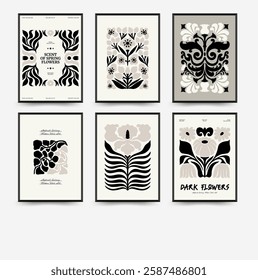 Abstract dark floral posters template. Modern trendy Matisse minimal style. Black and white colors. Hand drawn design for wallpaper, wall decor, print, postcard, cover, template, banner. 