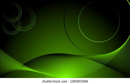 Abstract  dark futuristic background with glowing neon circles and waves.