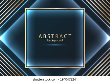 Abstract dark futuristic background with square golden frame and lines. With place for text.