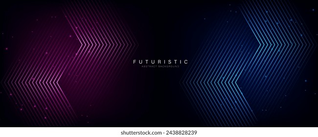 Fondo oscuro abstracto de la bandera de la tecnología futurista. Diseño gráfico de líneas de flecha brillantes rosas y azules. Patrón de líneas geométricas modernas. Traje para la cubierta, cartel, banner, folleto, presentación, sitio web