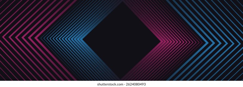 Abstract dark futuristic technology banner background. Glowing pink and blue arrow lines graphic design. Modern geometric lines pattern. Suit for cover, poster, banner, brochure, presentation, website