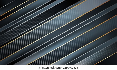 Abstract dark geometric background. Light gray and black stripes with golden borders. Modern dynamic textured image. Volume rich pattern. Minimal design. Template for packaging, web sites, printing.