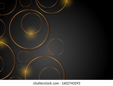 Abstract dark geometric background with luxury golden rings. Vector design