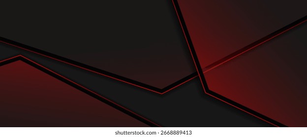 Abstract dark geometric background with red glowing edges and layered diagonal shapes, modern futuristic design for tech, gaming, and business themes.