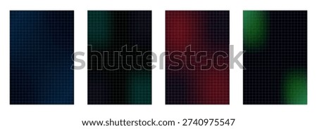 Abstract dark gradient grid background set. Vibrant neon mesh pattern collection. Futuristic digital geometric poster, video content design illustration
