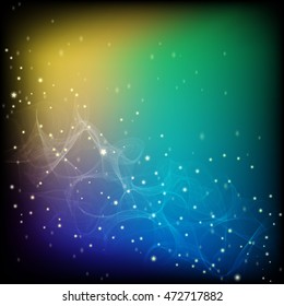 Abstract dark gradient mesh cosmos background with stars and constellations. Colorful milky way galaxy background with abstract lines and waves on blue, green yellow and black background