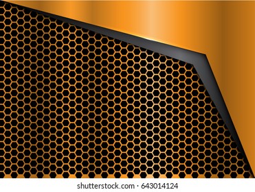 Abstract dark gray arrow on gold metal hexagon mesh design modern luxury background texture vector illustration.