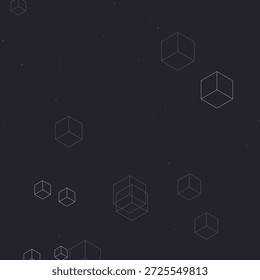 An abstract, dark gray background is filled with numerous floating wireframe cubes of varying sizes. Small, scattered white dots resembling stars are also visible throughout the image, adding to the atmospheric depth.