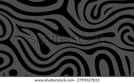 Abstract dark gray and black wavy lines background. Pop art vector illustration of a monochrome psychedelic liquid marble texture, a unique retro swirl pattern, or an organic zebra camouflage animal print background.