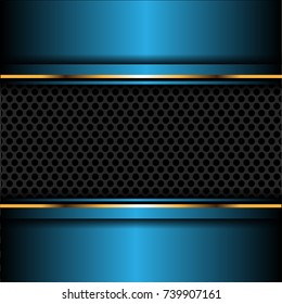 Abstract dark gray circle mesh in blue metal gold line design futuristic luxury background vector illustration.