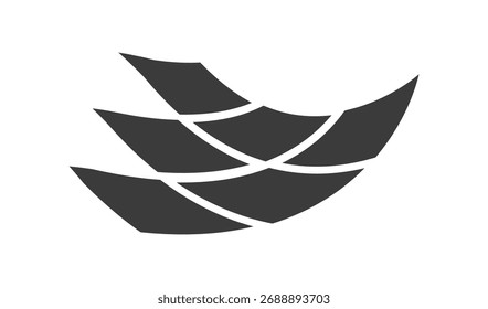 Abstract dark gray geometric shape with white lines, resembling a stylized wing or sail, on a white background.